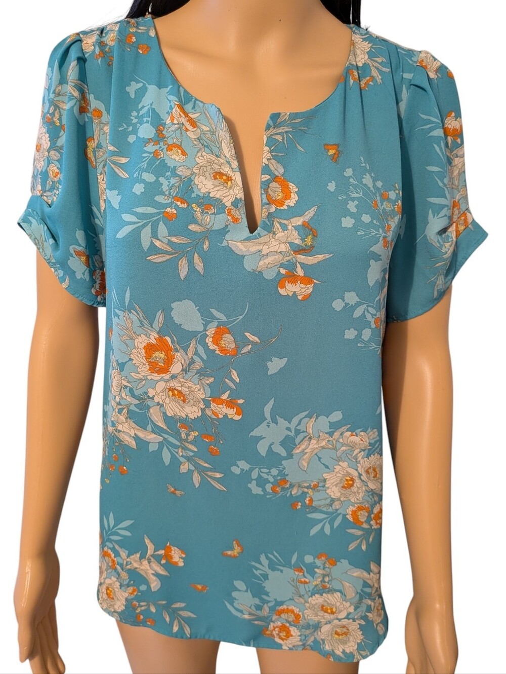 DR2 Turquoise Blouse Orange Flowers Butterflies